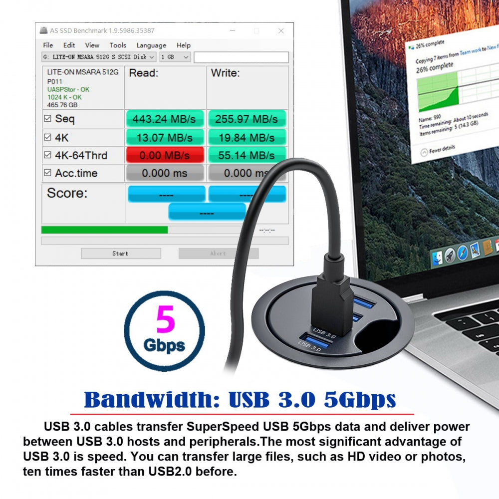 Chenyang USB 3.0 Hub 4 Port USB 60mm Desk Grommet Splitter Dock Station Interface for Desktop PC Desk U3-095-HUB01