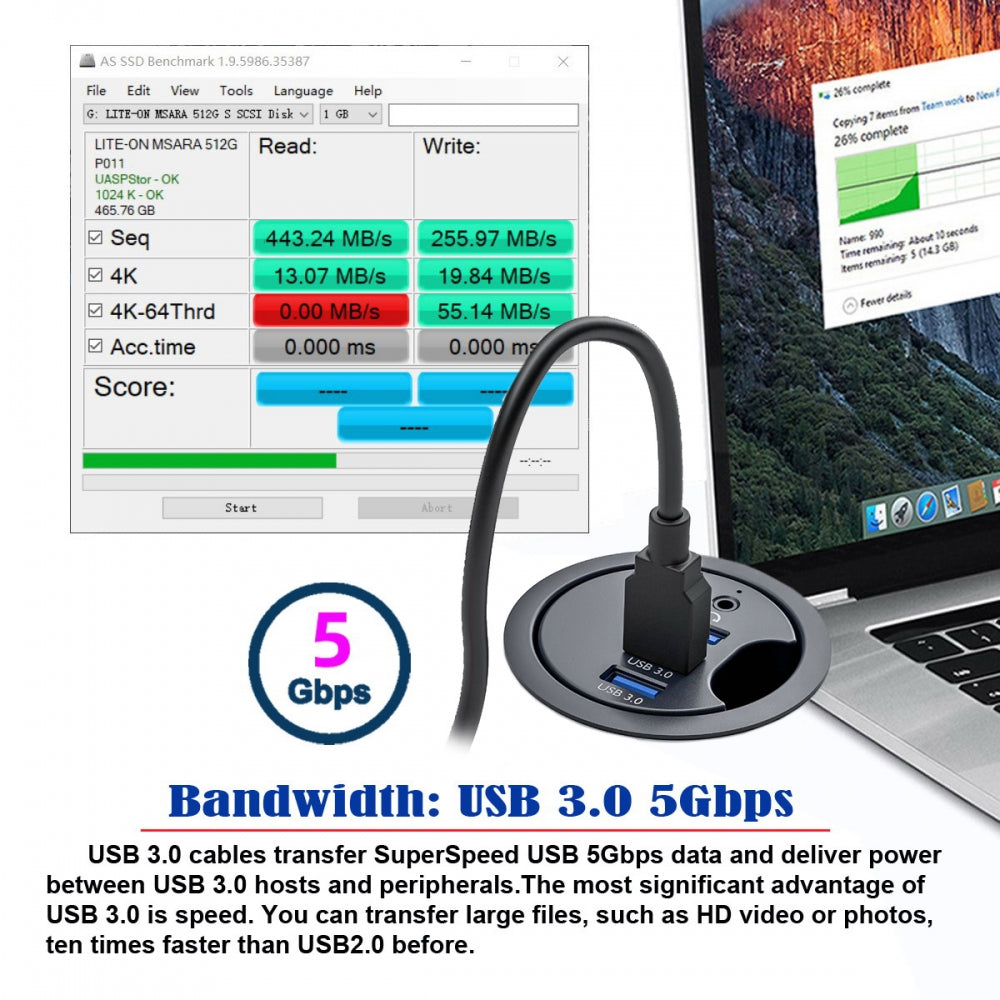 Chenyang USB 3.0 Hub Sound Card 3 Port USB 60mm Desk Grommet Splitter Dock Station Headphone Mic Audio Interface for Desktop PC U3-095-HUB03