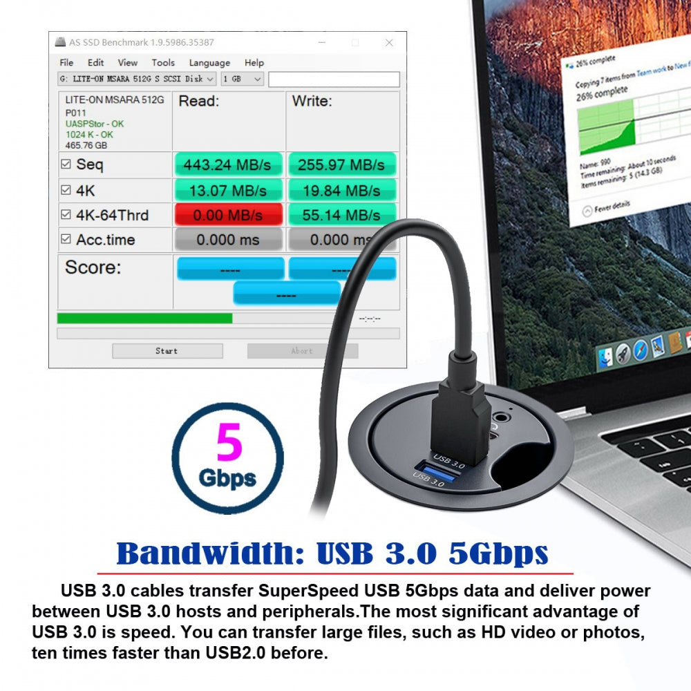 Chenyang USB 3.0 Hub Sound Card USB-C 2 Port USB 60mm Desk Grommet Splitter Dock Station Headphone Mic Audio Interface for Desktop PC Desk U3-095-HUB05