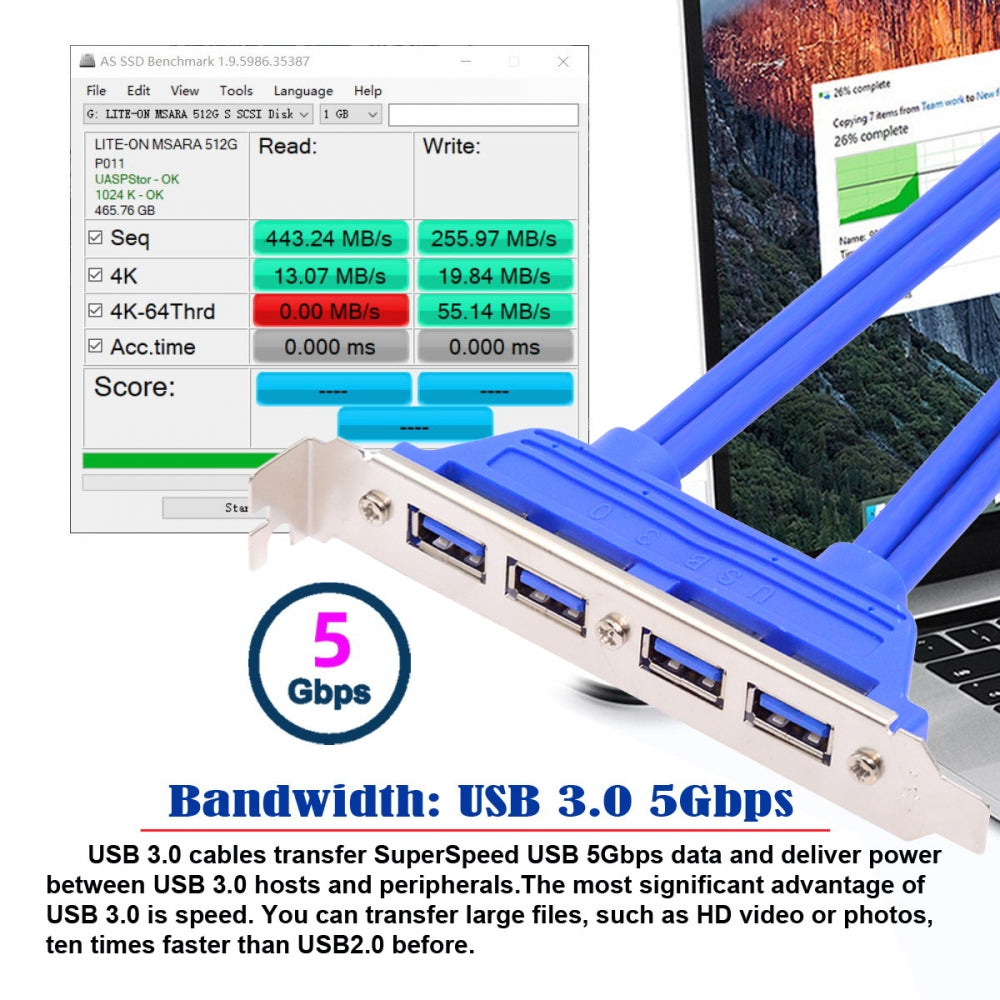 Chenyang Internal Four Ports USB 3.0 Female Mount Panel to Motherboard 20pin Baffle Cable with PCI Bracket 50cm U3-066-4P