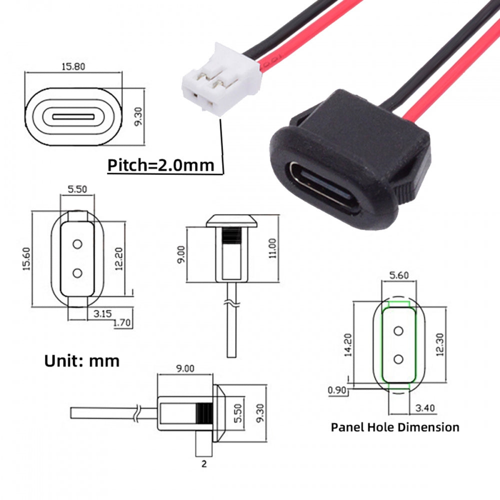 Chenyang 5pcs/set DIY OEM Type C Female Socket to 2Pin Header Cable Pitch=2.0mm Latch Mount Type DC 5V Power CN-025-2P