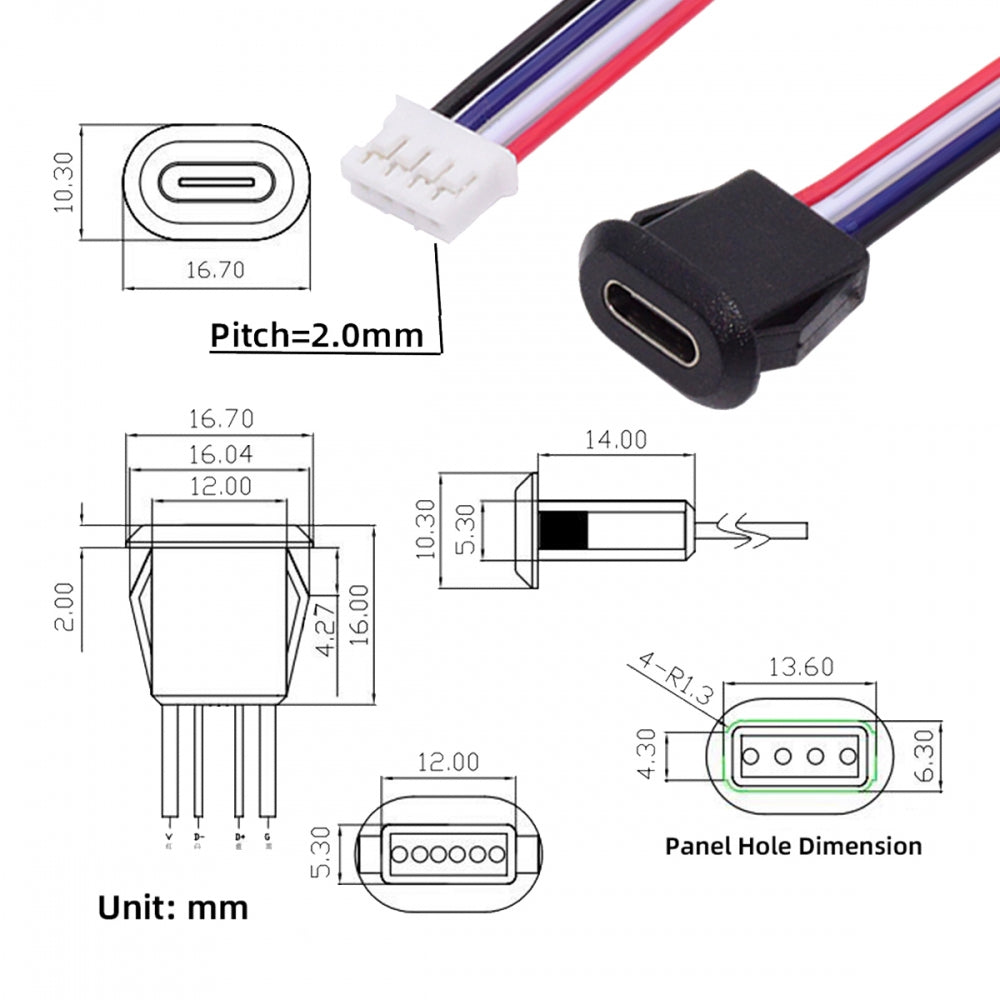 Chenyang 5pcs/set DIY OEM Type C Female Socket to 4Pin Header Cable Pitch=2.0mm Latch Mount Type DC 5V Power CN-025-4P