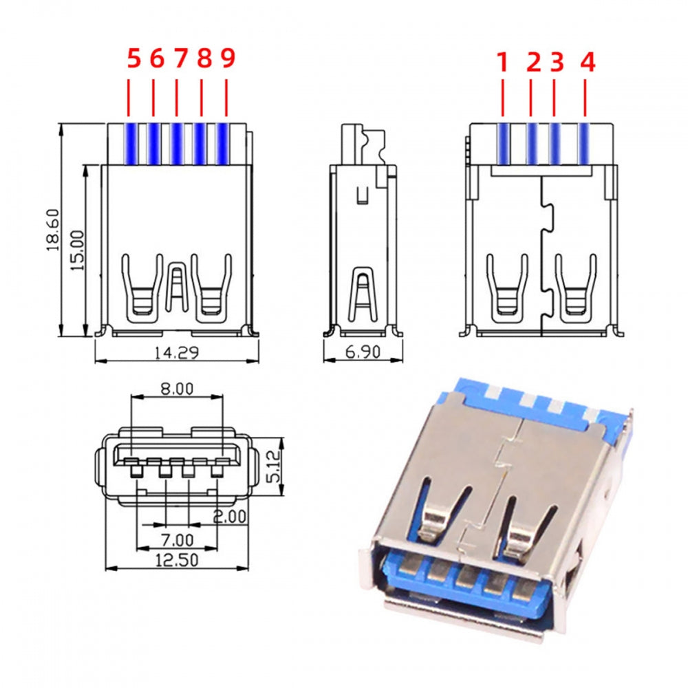 Chenyang USB 3.0 Type-A Female Socket Receptacle Connector Solder Type with Aluminum Alloy Shell Customization for 6.0mm Cable CN-024-FE