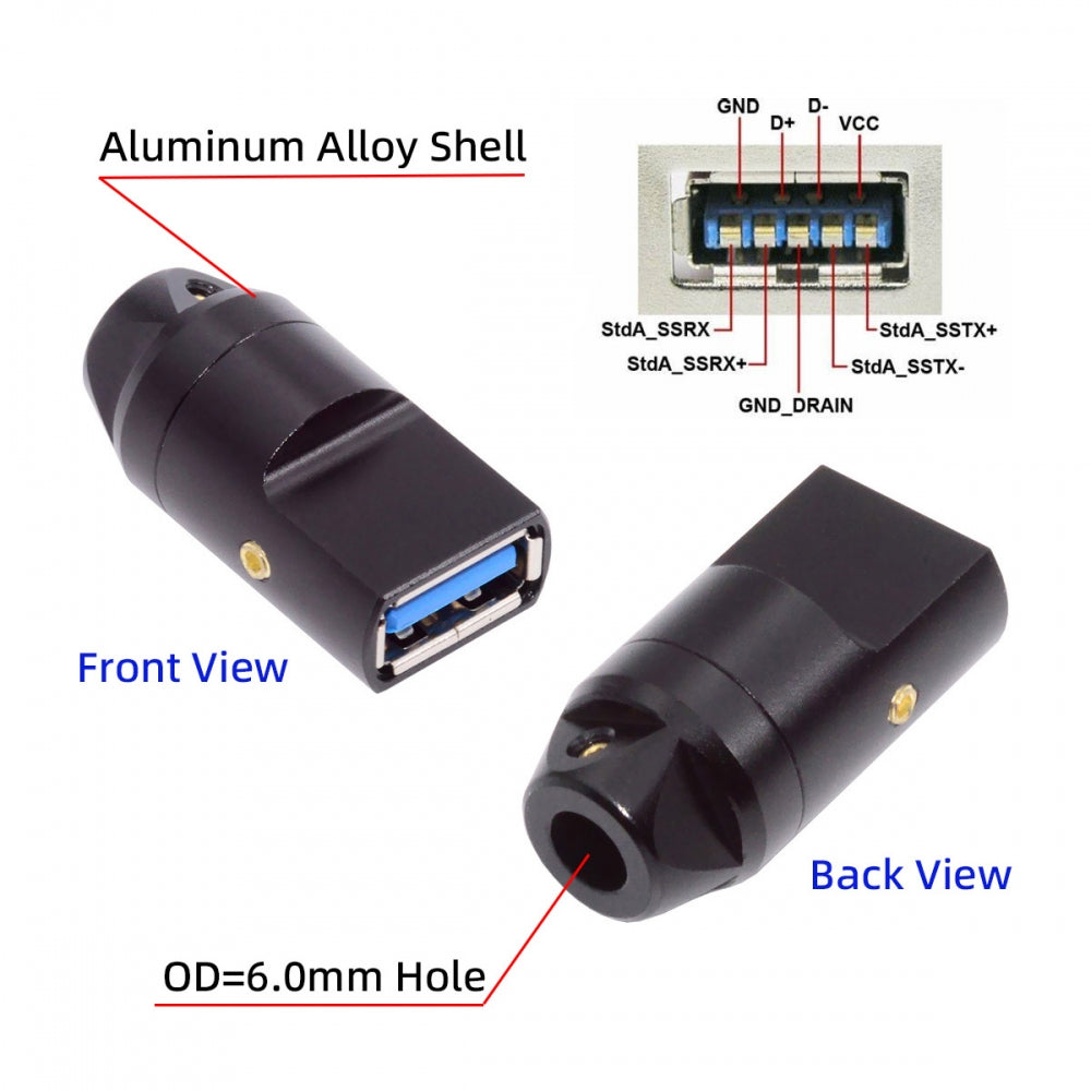 Chenyang USB 3.0 Type-A Female Socket Receptacle Connector Solder Type with Aluminum Alloy Shell Customization for 6.0mm Cable CN-024-FE