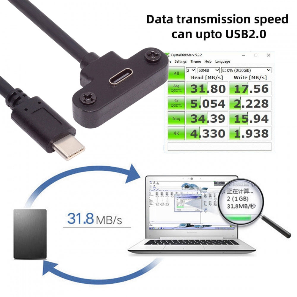 Chenyang USB-C 480Mbps Type-C Male to Up Angled Female Extension Data Screw Locking Cable for Camera VR UC-171-0.3M