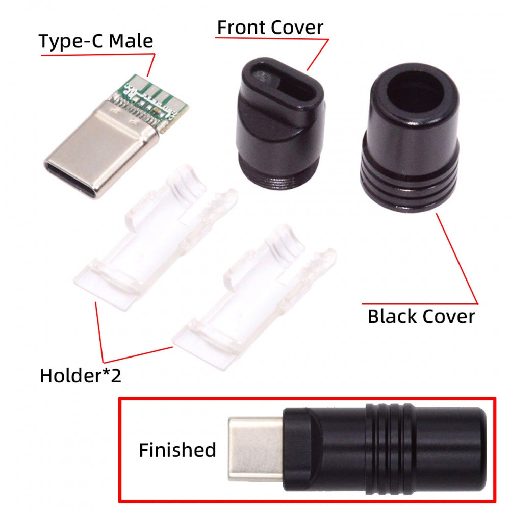 Chenyang USB 3.1 Type-C Male Plug Connector Solder Type with Aluminum Alloy Shell Black Customization for 4.0mm~6.0mm Cable CN-026-BK