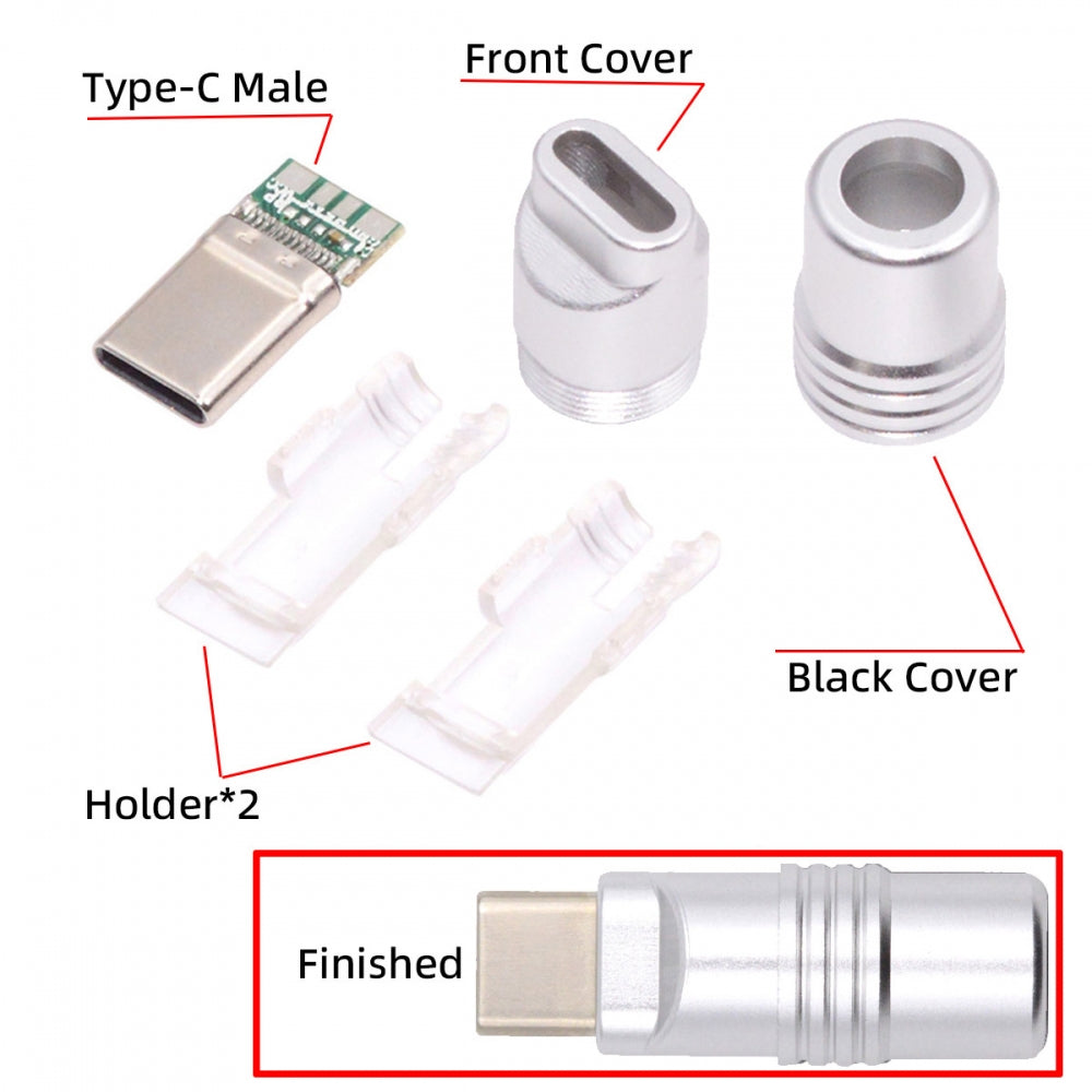 Chenyang USB 3.1 Type-C Male Plug Connector Solder Type with Aluminum Alloy Shell Silver Customization for 4.0mm~6.0mm Cable CN-026-SL