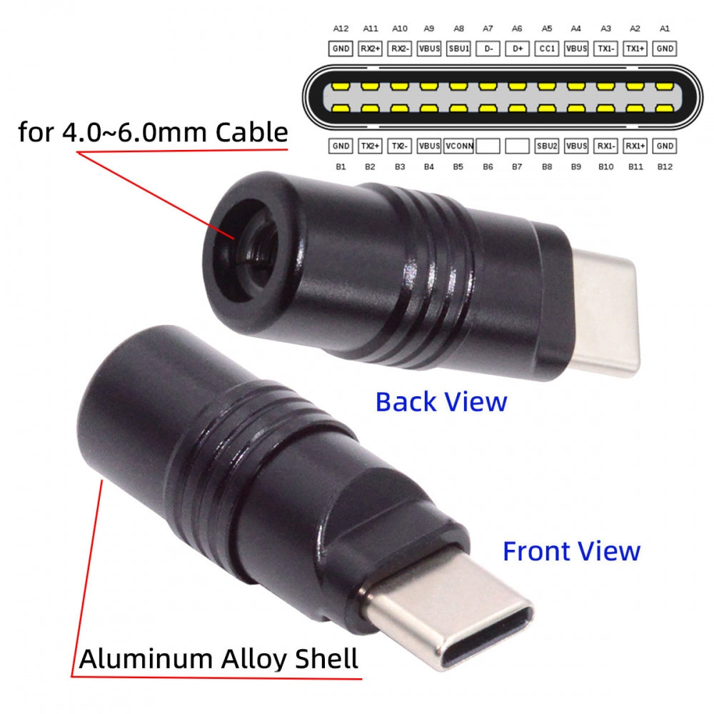 Chenyang USB 3.1 Type-C Male Plug Connector Solder Type with Aluminum Alloy Shell Black Customization for 4.0mm~6.0mm Cable CN-026-BK