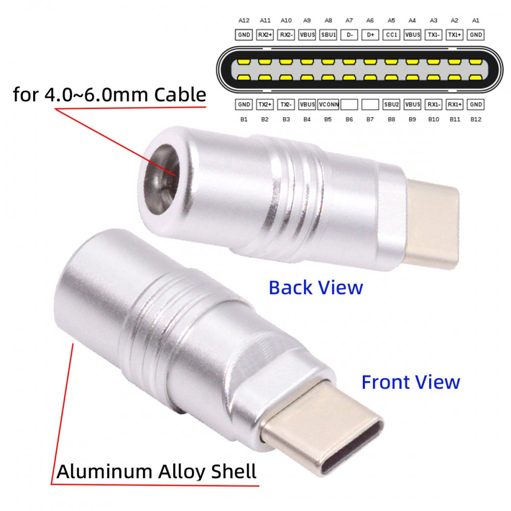 Chenyang USB 3.1 Type-C Male Plug Connector Solder Type with Aluminum Alloy Shell Silver Customization for 4.0mm~6.0mm Cable CN-026-SL