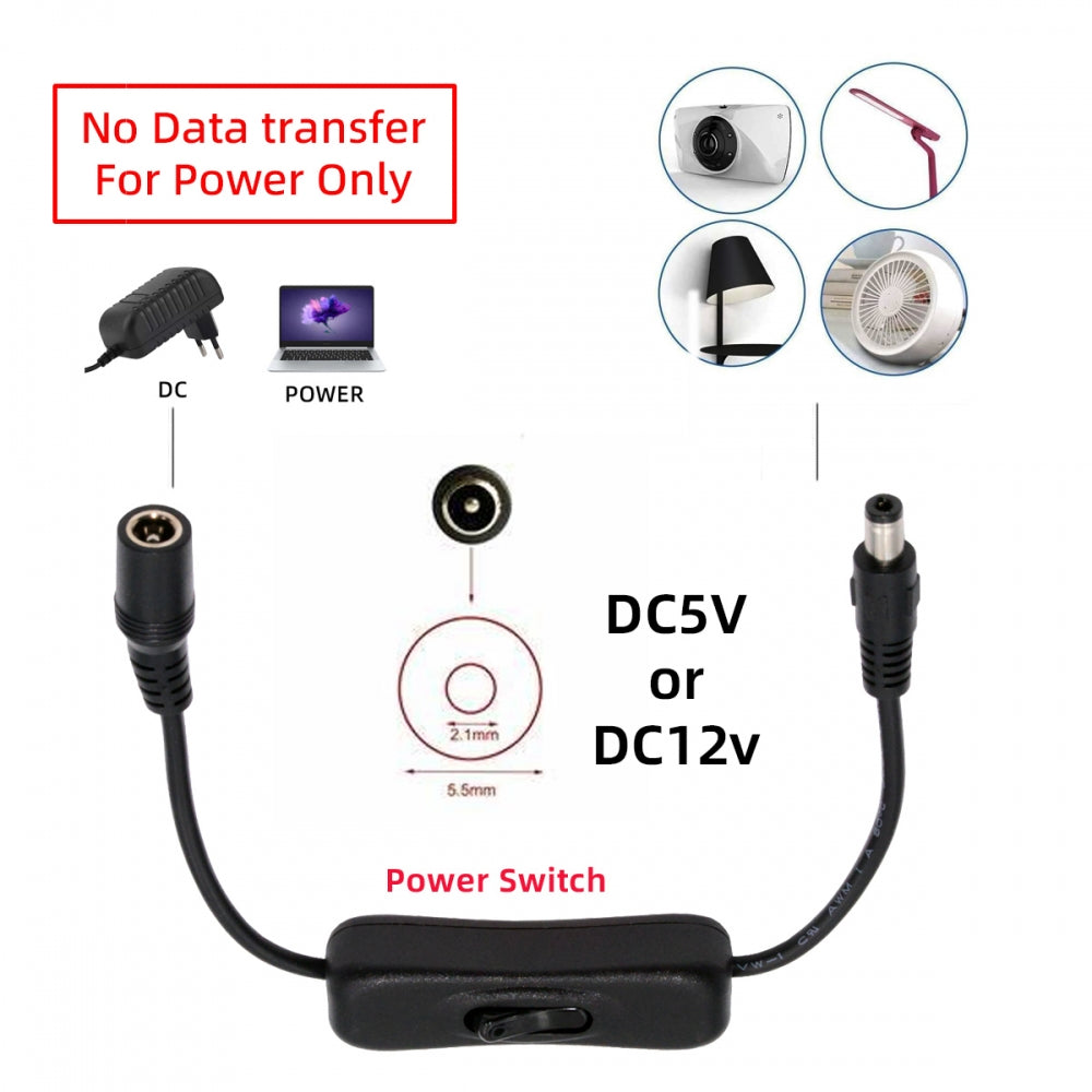 Chenyang DC Cable with On Off Power Switch Button DC 5.5x2.1mm Male to Female for DC 5V Desk Lamp Fan Camera PW-012-DC