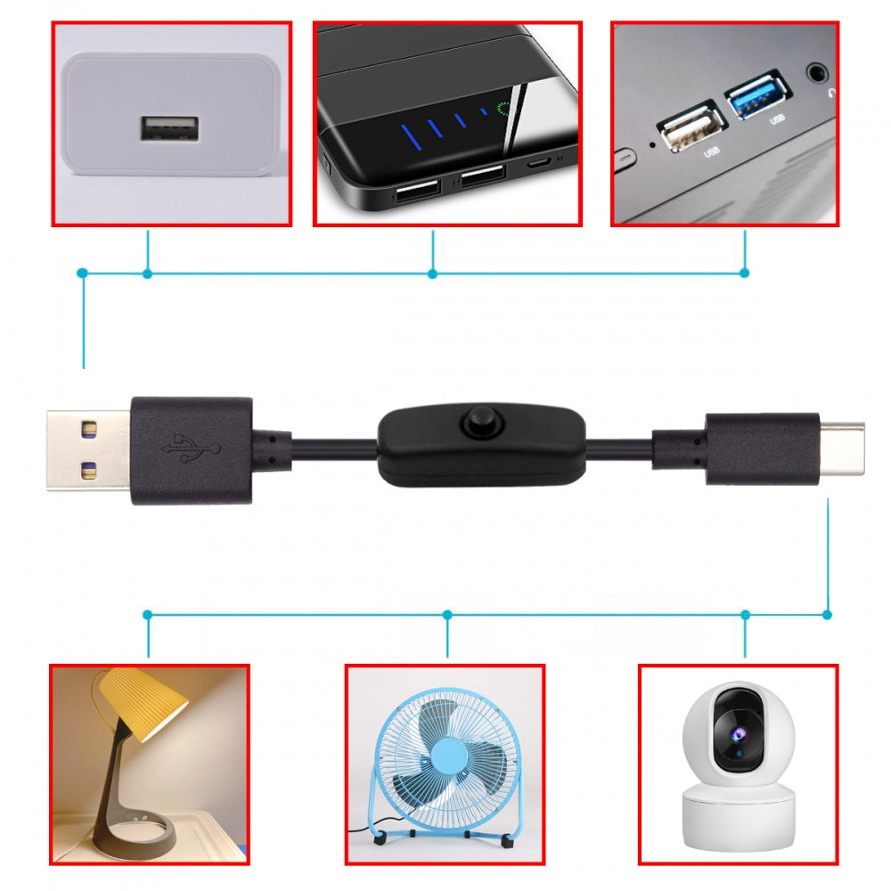 Chenyang Type-C USB2.0 to Type-A Cable with On Off Power Switch Button USB-C for DC 5V Desk Lamp Fan Camera PW-015-TC