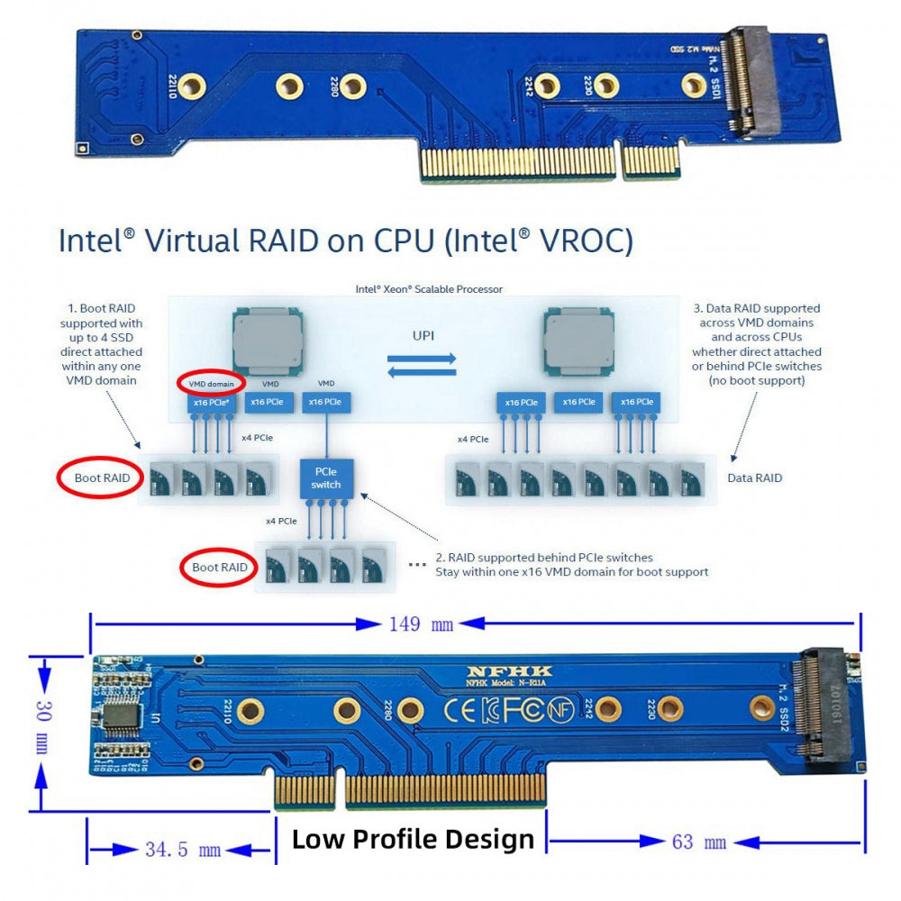 Chenyang Low Profile Dual 2x NVME M.2 SSD to PCIE Express Gen4 X8 X16 Raid Card VROC Raid0 Hyper Adapter SA-012-LP