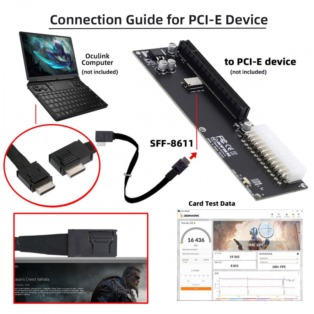 Chenyang Left Angled 90 Degree OcuLink PCIe 4.0 PCI-Express SFF-8611 4i to SFF-8611 Data Active Cable for eGPU SSD 50cm SF-014-LE