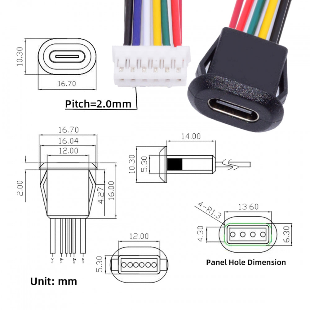 Chenyang 5pcs/set DIY OEM Type C Female Socket to 6Pin Header Cable Pitch=2.0mm Latch Mount Type DC 5V/20V PD Power CN-025-6P