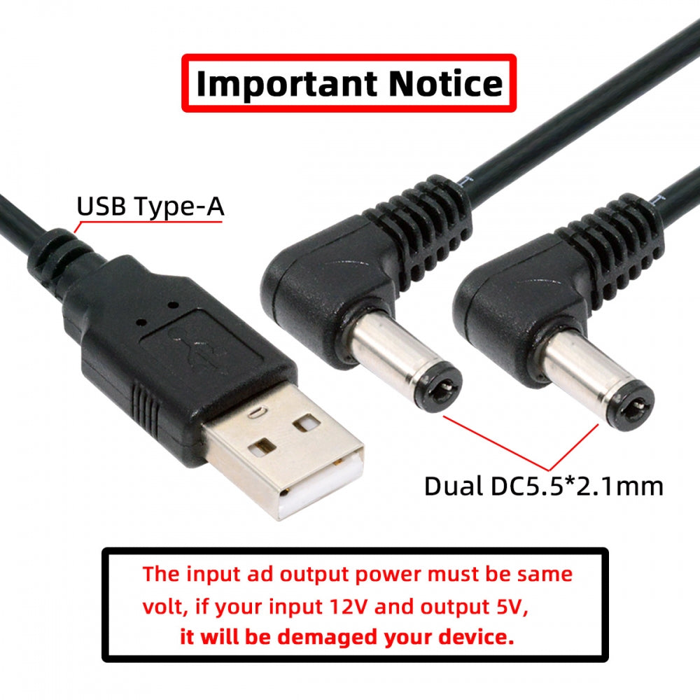 Chenyang USB Type-A Male to Dual 5.5x2.1mm DC 5V Power Plug Splitter Right Angled 90 Degree Connector Charge Cable U2-077-RI