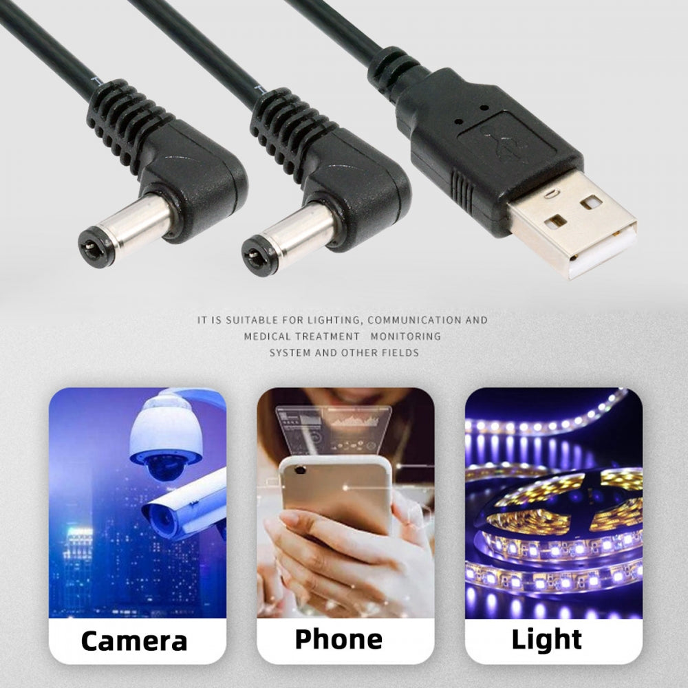 Chenyang USB Type-A Male to Dual 5.5x2.1mm DC 5V Power Plug Splitter Right Angled 90 Degree Connector Charge Cable U2-077-RI