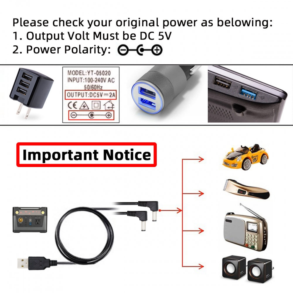 Chenyang USB Type-A Male to Dual 5.5x2.1mm DC 5V Power Plug Splitter Right Angled 90 Degree Connector Charge Cable U2-077-RI