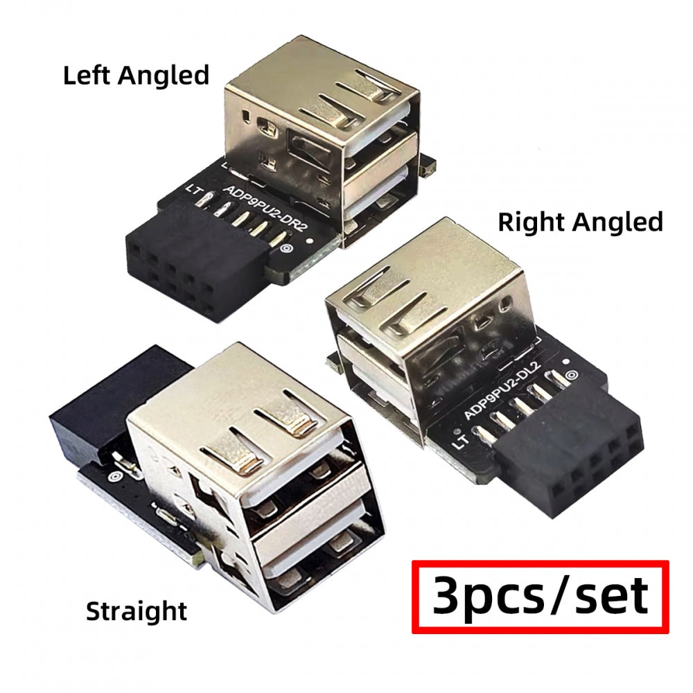 Chenyang 3pcs/set 9Pin/10Pin Motherboard Front Panel Header Female to Dual USB 2.0 Female Adapter Vertical Angled Type 90 Degree U2-075-2P