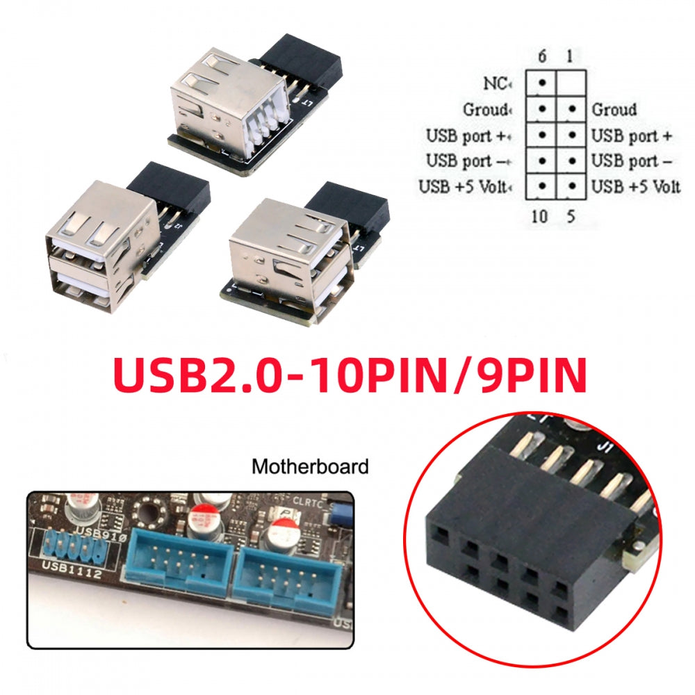 Chenyang 3pcs/set 9Pin/10Pin Motherboard Front Panel Header Female to Dual USB 2.0 Female Adapter Vertical Angled Type 90 Degree U2-075-2P