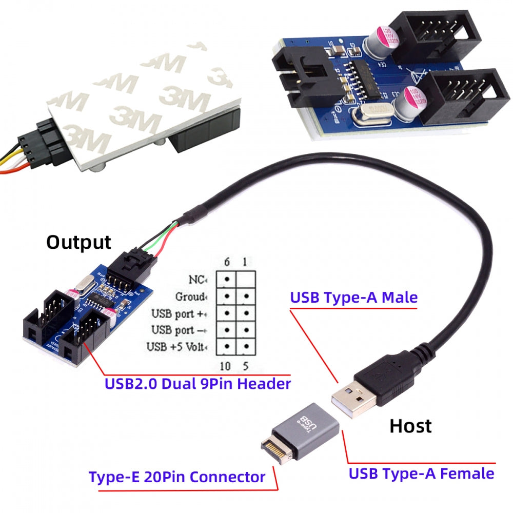 Chenyang USB 3.1 Front Panel Header Male Type-E to USB 2.0 Type-A Male 1 to 2 Female Motherboard 9pin 10pinHeader HUB Adapter Port Multiplier U2-066+UC-010-AF