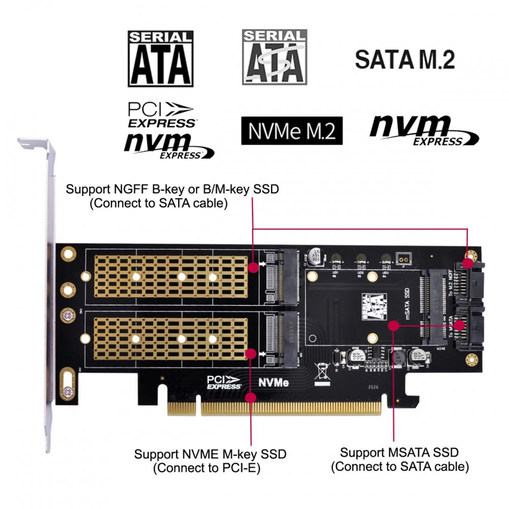 Chenyang PCI Express PCI-E 3.0 Dual SATA to NGFF NVME MSATA M-Key B/M-key SSD Card Adapter 3in1 SA-028