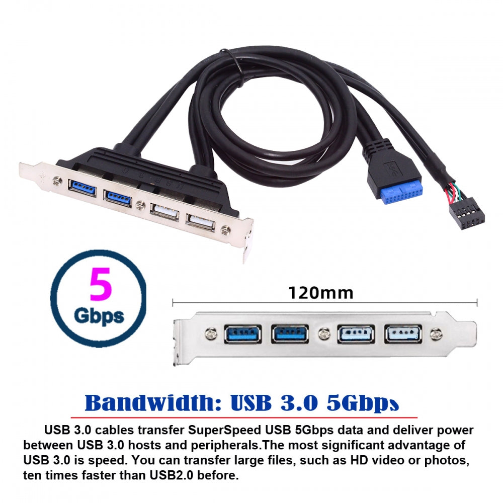 Chenyang Internal Four USB2.0 & USB 3.0 Female Mount Panel to Motherboard 9pin 19pin 20pin Baffle Cable with PCI Bracket 50cm U3-066-U2