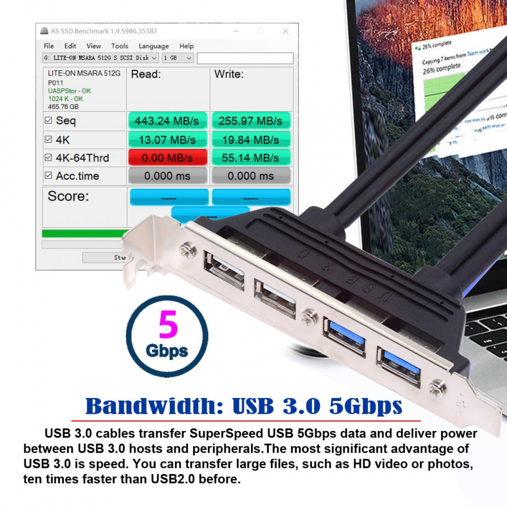 Chenyang Internal Four USB2.0 & USB 3.0 Female Mount Panel to Motherboard 9pin 19pin 20pin Baffle Cable with PCI Bracket 50cm U3-066-U2