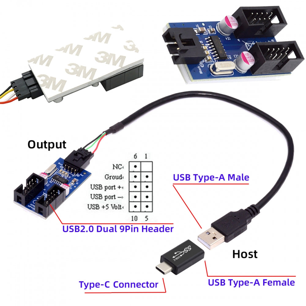 Chenyang USB 3.1 Male Type-C USB-C to USB 2.0 Type-A Male 1 to 2 Female Motherboard 9pin 10pinHeader HUB Adapter Port Multiplier U2-066+UC-035-BK