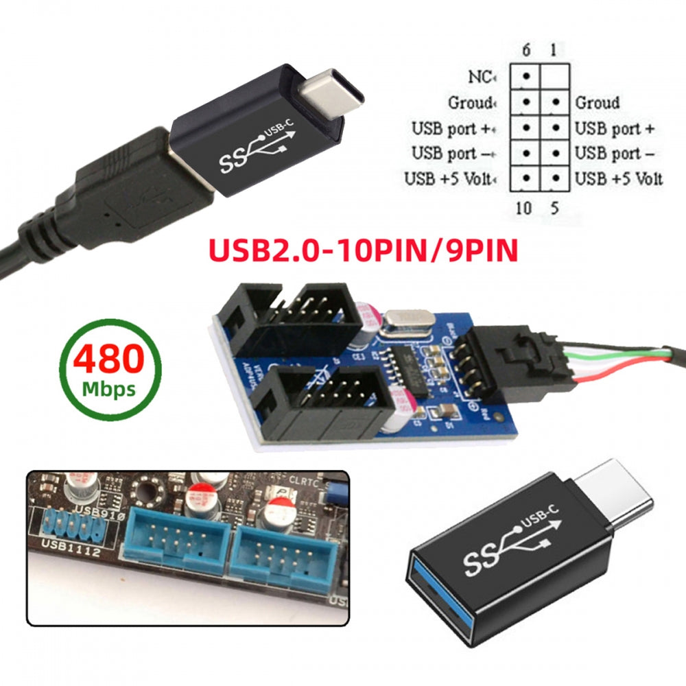 Chenyang USB 3.1 Male Type-C USB-C to USB 2.0 Type-A Male 1 to 2 Female Motherboard 9pin 10pinHeader HUB Adapter Port Multiplier U2-066+UC-035-BK