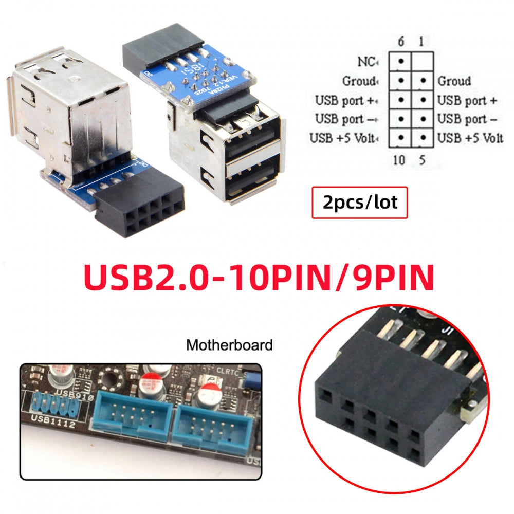 Chenyang 2pcs 9Pin/10Pin Motherboard Female Header to Dual USB 2.0 Female Adapter Vertical Type U2-029-AF001