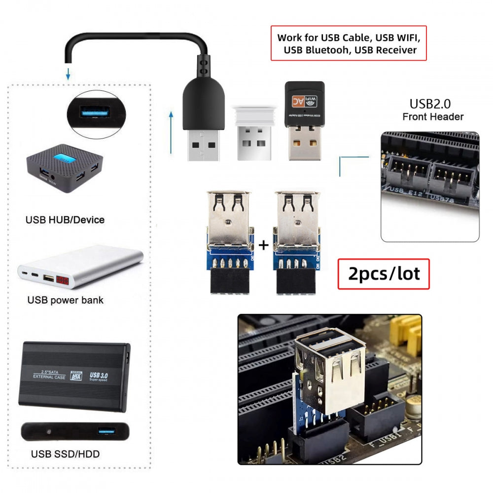 Chenyang 2pcs 9Pin/10Pin Motherboard Female Header to Dual USB 2.0 Female Adapter Vertical Type U2-029-AF001