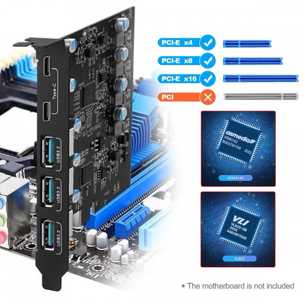 Chenyang Three Type-A USB3.0 Back Panel Socket & Dual USB3.1 Type-C USB-C to PCI-E Express Card Adapter ASM3142 VL822 UC-083-5P