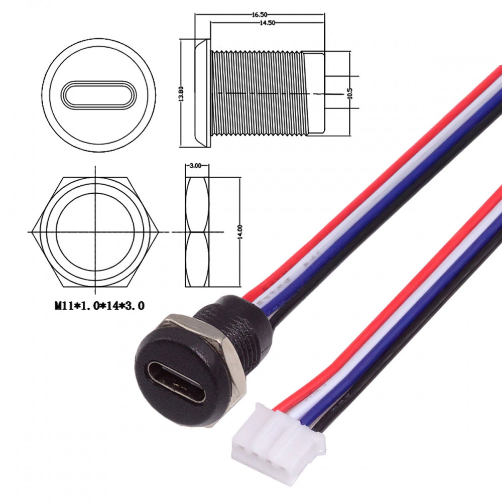 Chenyang 5pcs/set DIY OEM Type C Female Socket to 4Pin Header Cable Pitch=2.0mm Panel Mount Type DC 5V Power Data CN-015-4P