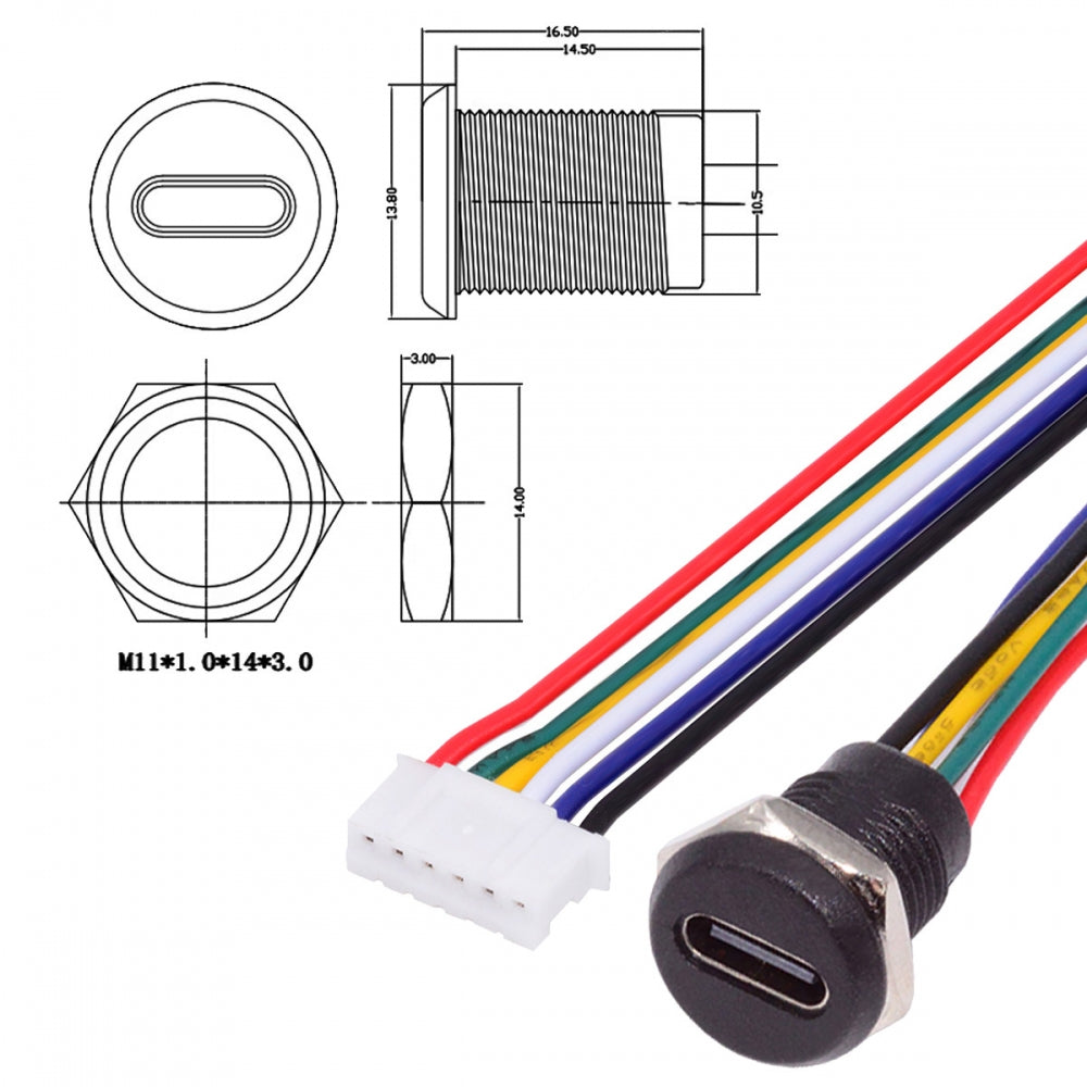 Chenyang 5pcs/set DIY OEM Type C Female Socket to 6Pin Header Cable Pitch=2.0mm Panel Mount DC 5V/20V PD Power CN-015-6P