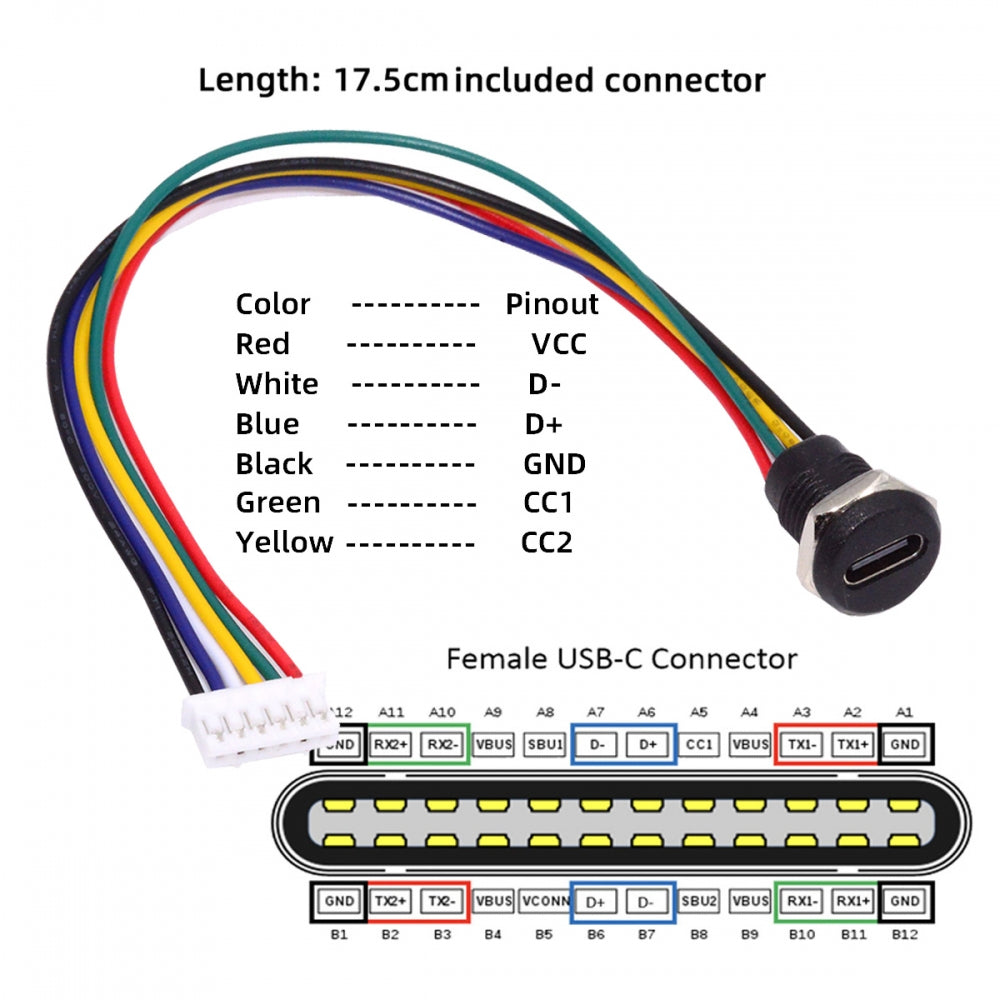 Chenyang 5pcs/set DIY OEM Type C Female Socket to 6Pin Header Cable Pitch=2.0mm Panel Mount DC 5V/20V PD Power CN-015-6P