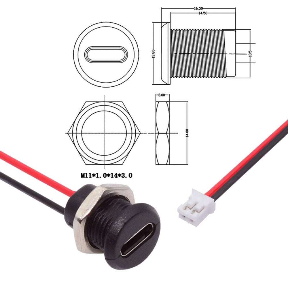 Chenyang 5pcs/set DIY OEM Type C Female Socket to 2Pin Header Cable Pitch=2.0mm Panel Mount Type DC 5V Power CN-015-2P