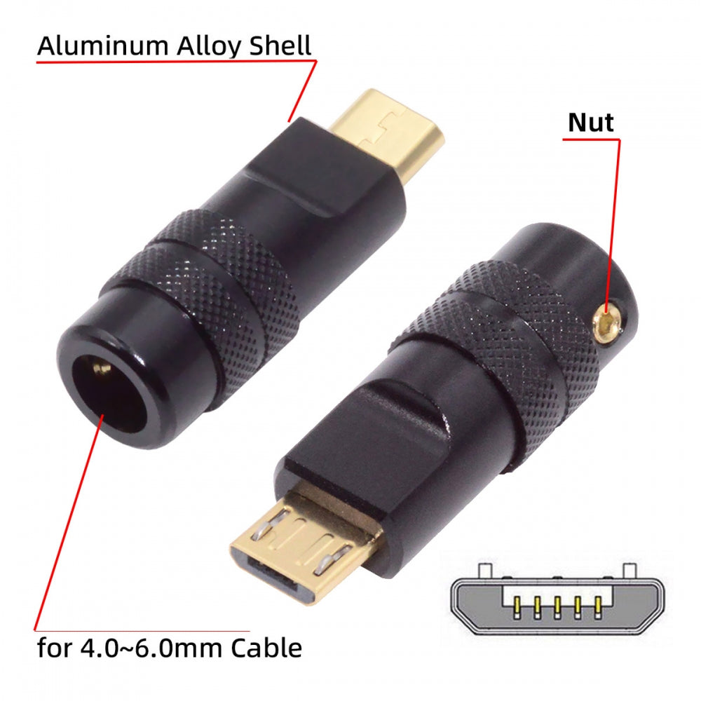 Chenyang Micro USB2.0 5Pin Male Plug Connector Solder Type with Aluminum Alloy Shell Black Customization for 4.0mm~6.0mm Cable CN-029-MM