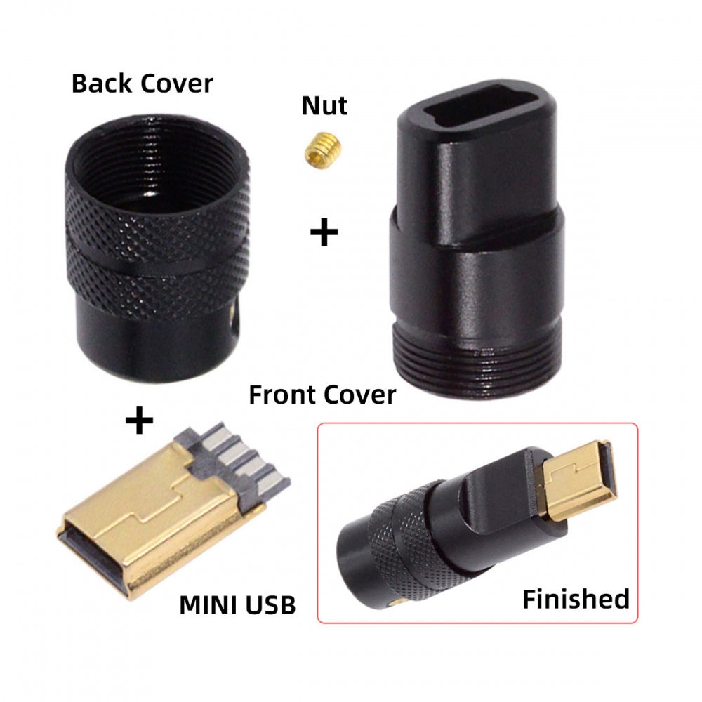 Chenyang Mini USB2.0 5Pin Male Plug Connector Solder Type with Aluminum Alloy Shell Black Customization for 4.0mm~6.0mm Cable CN-029-MN