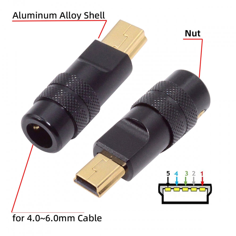 Chenyang Mini USB2.0 5Pin Male Plug Connector Solder Type with Aluminum Alloy Shell Black Customization for 4.0mm~6.0mm Cable CN-029-MN