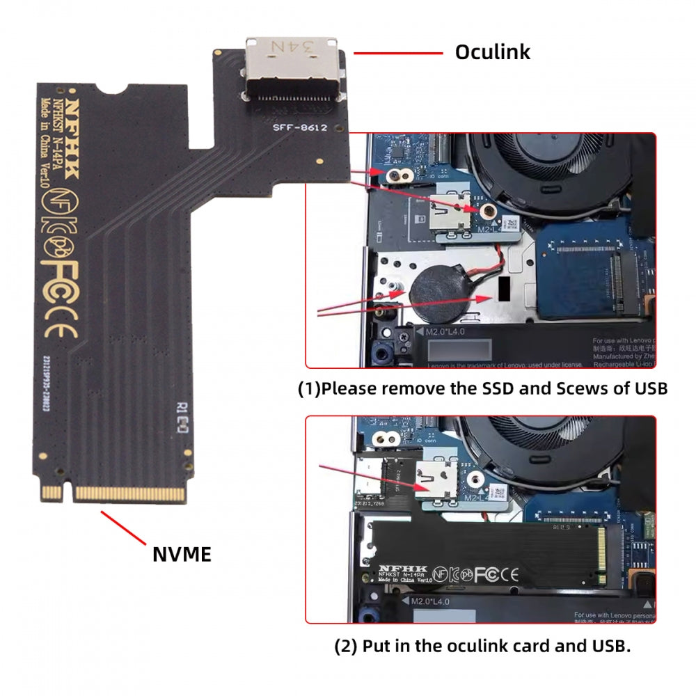 Chenyang PCI-E 4.0 M.2 M-key to Oculink SFF-8612 SFF-8611 Host Adapter for 2022 2023 ThinkBook 14+ External Graphics Card & SSD SF-065-INT