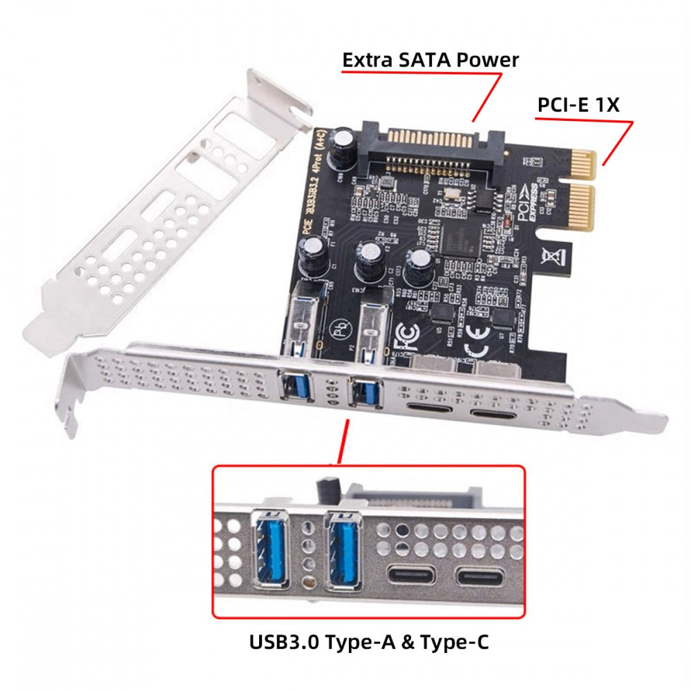 Chenyang Card USB3.1 Gen1 5Gbps Dual Type-A & Type-C USB-C Female to PCI-E Express 1x Card Adapter uPD720201 with Low Profile Bracket UC-087-4P