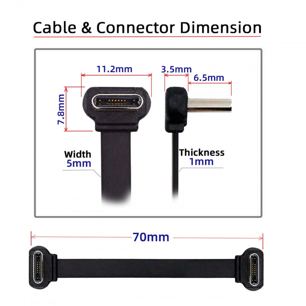 Chenyang USB-C Type C to USB-C Ultra Slim Flat Power USB2.0 Data Cable Angled Connector 65W Fast Charge for Laptop Tablet Phone